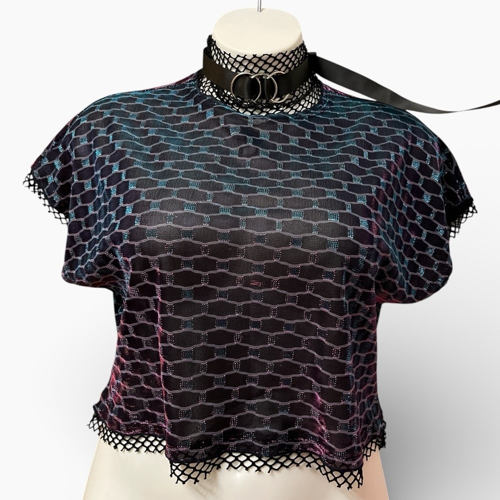 Devil Fashion Black Iridescent Mesh Women Crop Top Removable Leash/Collar NWT
